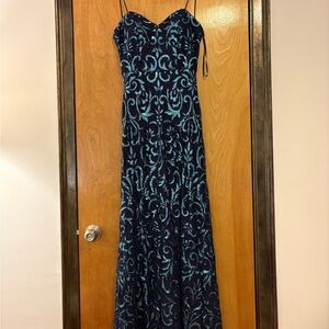Blondie Nites Navy Maxi Dress with Teal Sequin Scrollwork